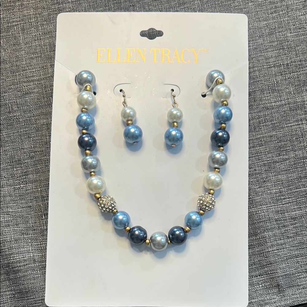 Ellen Tracy Blue and Silver Pearl Necklace and Earring Set